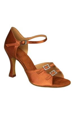 Go Dance Latin Shoes Brown Satin with Strass